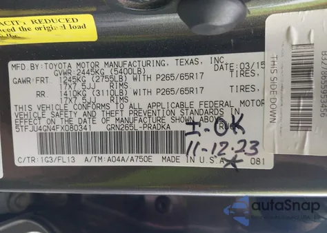 2015 Toyota Tacoma Prerunner V6 z USA, uszkodzony, nr VIN 5TFJU4GN4FX080341